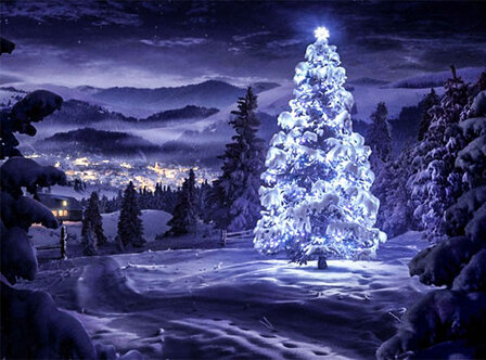 koelkast Wreedheid ketting Diamond Painting pakket - Verlichte kerstboom in de nacht met een dorpje op  de achtergrond 40x30 cm