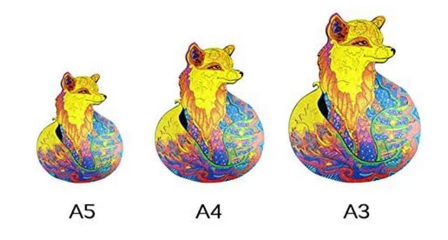 Verschillende formaten houten legpuzzels als voorbeeld bij Houten legpuzzel Blauw Wolf - met unieke stukjes - A3 formaat