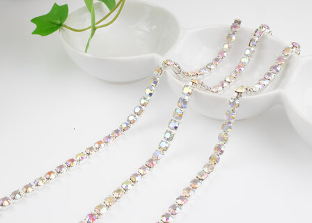 Strassketting 8 mm (SS40) Crystal AB - Silver Cup  (per meter)