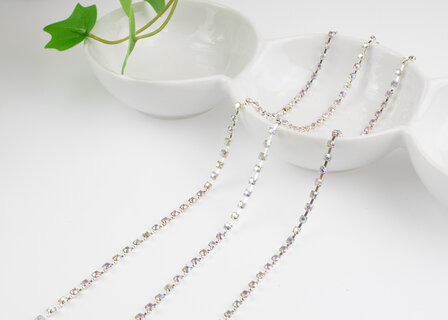 Strassketting 3 mm (SS12) Crystal AB - Silver Cup (per meter)