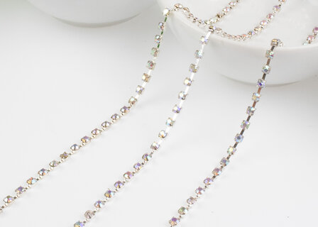 Strassketting 3 mm (SS12) Crystal AB - Silver Cup (per meter) ingezoomd