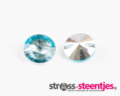 Naaistenen rond Kleur Aquamarine 18 mm met puntige achterkant (per 5 stuks) met logo