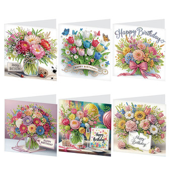 Set van 6 stuks Happy Birthday Bloemen met witte achtergrond (Partial met ronde steentjes)