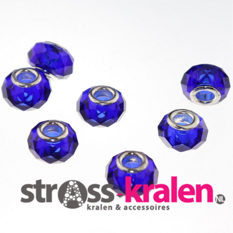 Murano style facet kralen (14 mm) Sapphire (5 stuks) gatmaat 5 mm met logo