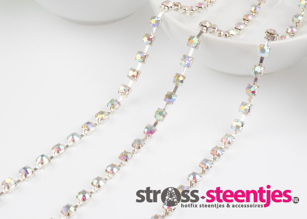 Strassketting 5 mm (SS20) Crystal AB - Silver Cup  (per meter) ingezoomd met logo