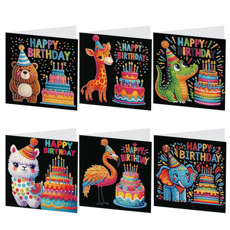 Diamond Painting verjaardagskaarten - Set van 6 stuks Happy Birthday kind, diertjes met zwarte achtergrond (Partial met ronde s