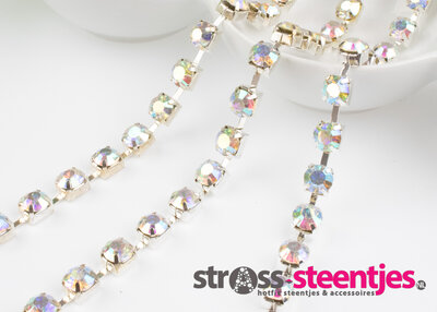 Strassketting 8 mm (SS40) Crystal AB - Silver Cup  (per meter)